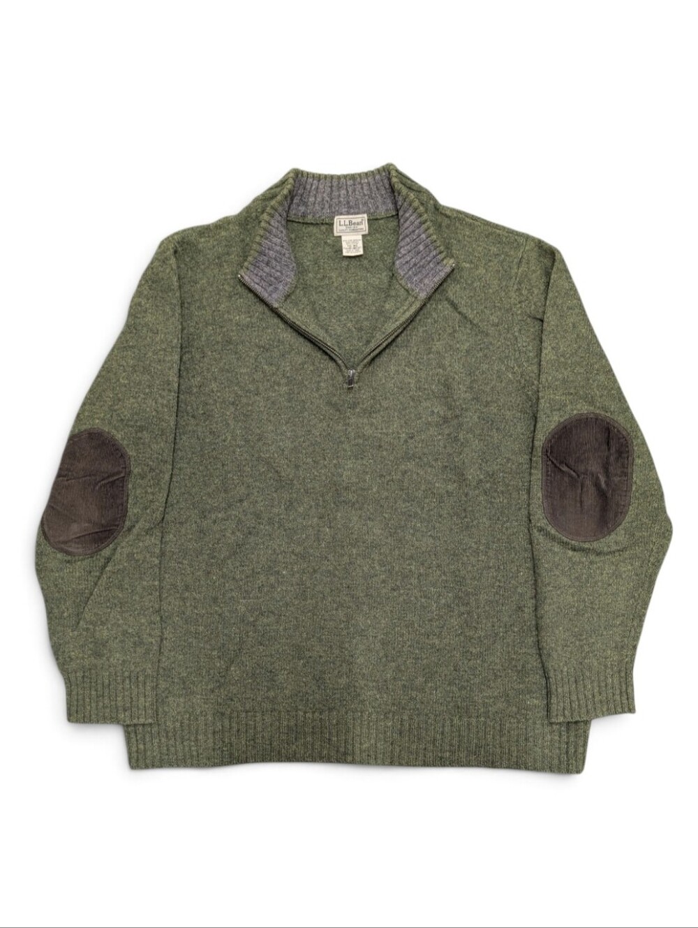 L.L. Bean Wool Shetland Sweater Men's 2XL Green 1/4 Zip Elbow Patches XXL